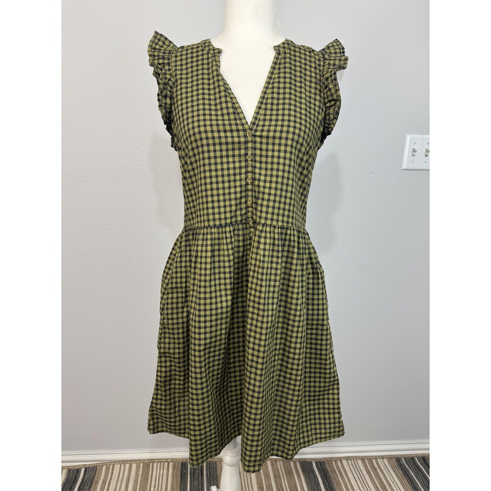 Nation LTD Dress Women's XS Green Gingham V Neck Flutter Mini Pima Cotton